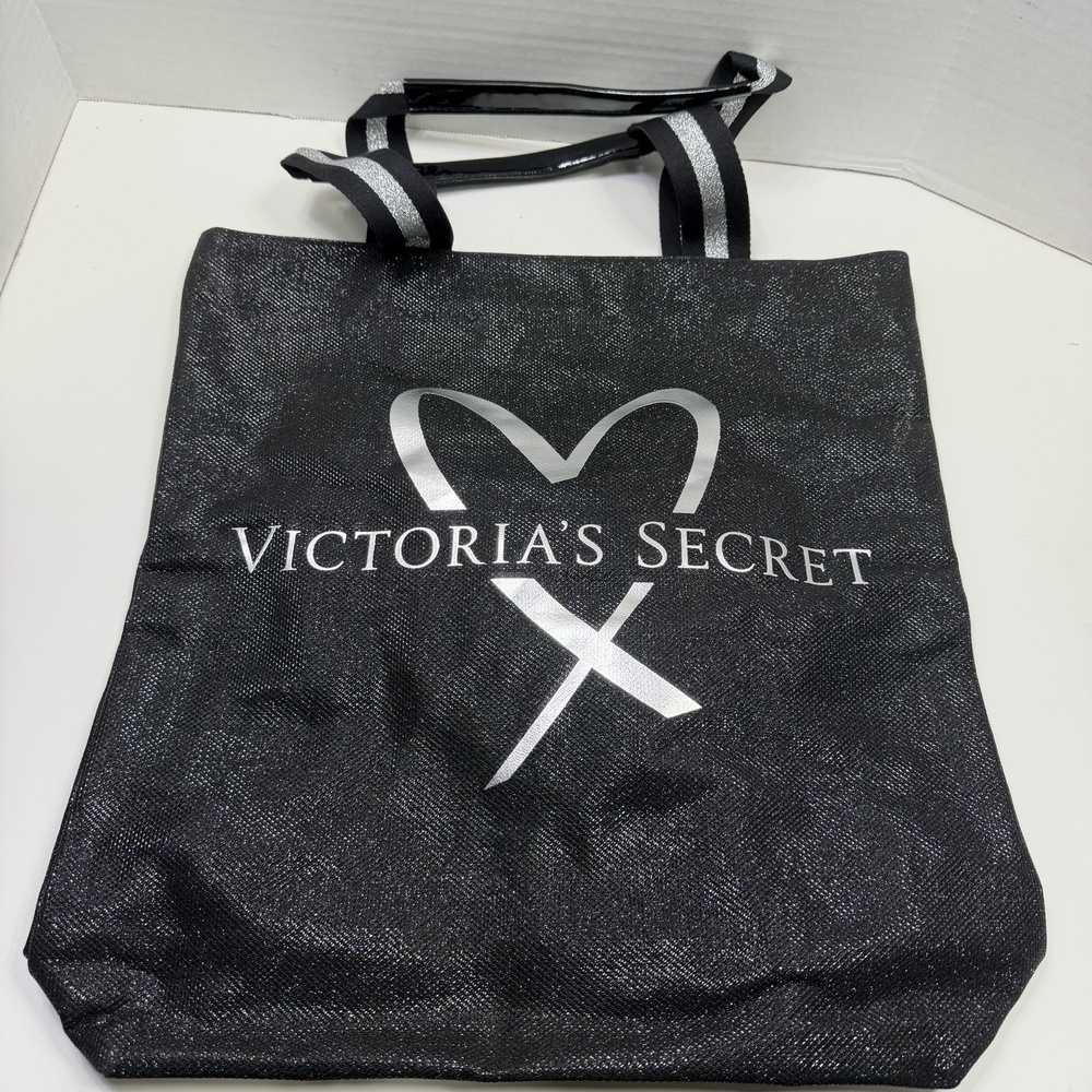 Victorias Secret Tote Bag Womens Large Black Glitter Heart Logo Shoulder Purse
